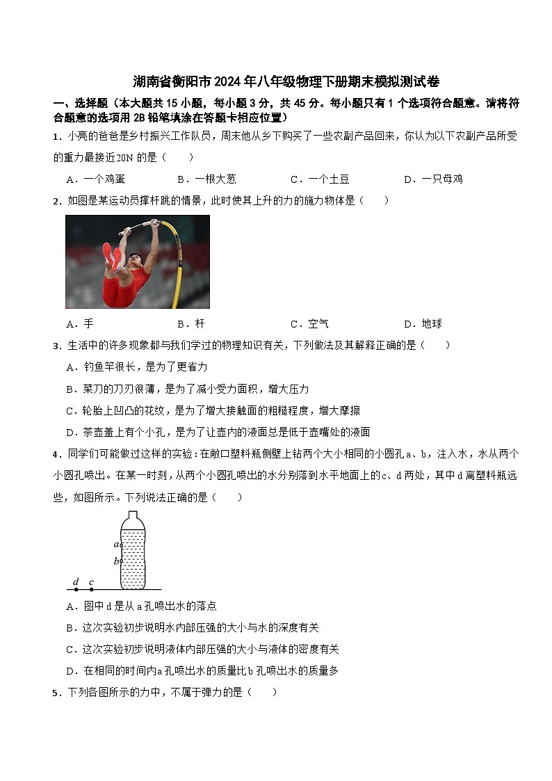 湖南省衡阳市2023-2024学年八年级物理下学期期末模拟测试卷第1页