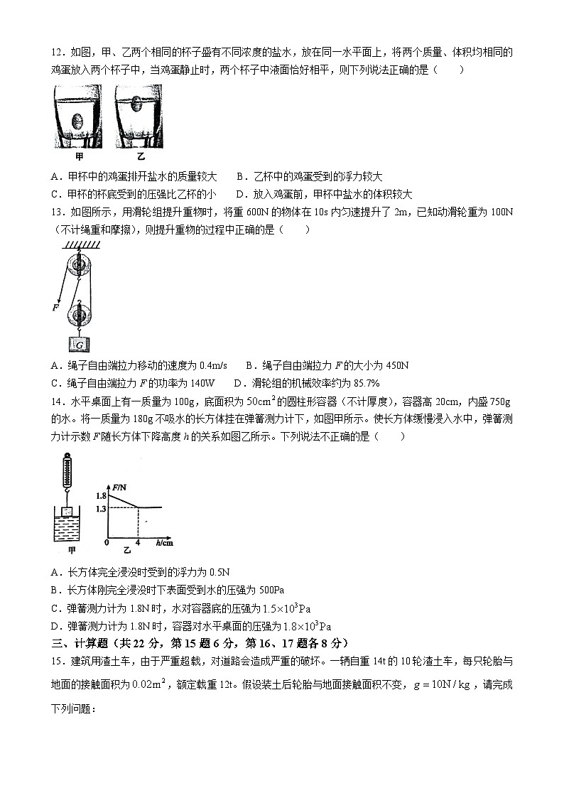 江西省宜春市高安市2023-2024学年度八年级下学期期末物理试卷第3页