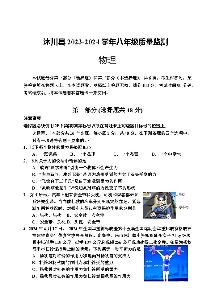 四川省乐山市沐川县2023-2024学年八年级下学期期末考试物理试题01