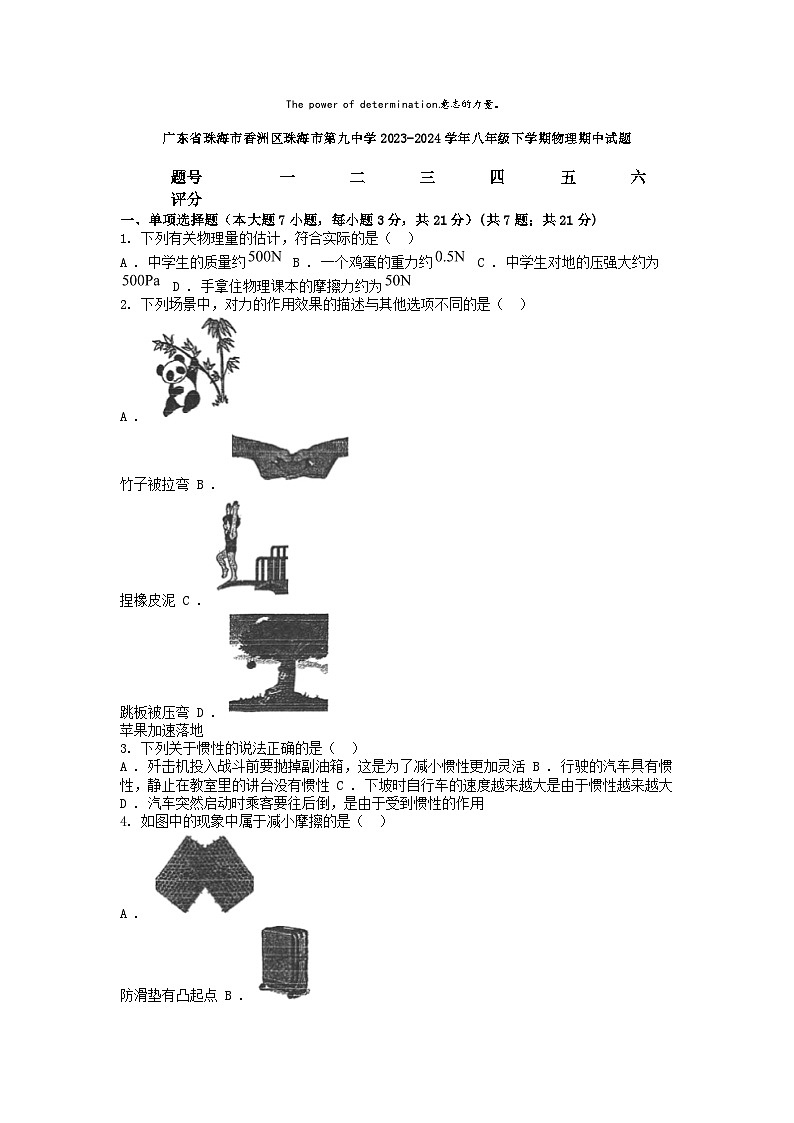 [物理]广东省珠海市香洲区珠海市第九中学2023-2024学年八年级下学期期中试题第1页