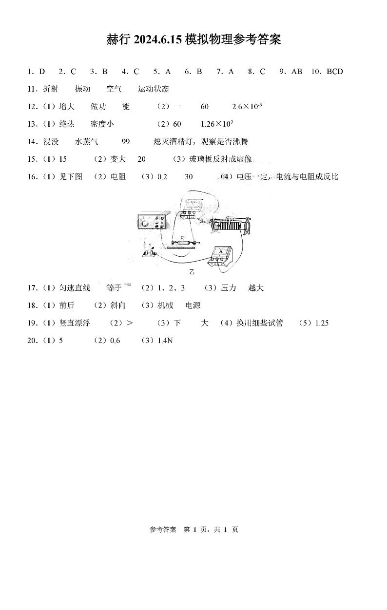 2024年吉林省长春市五十二中赫行实验学校中考四模物理试题01