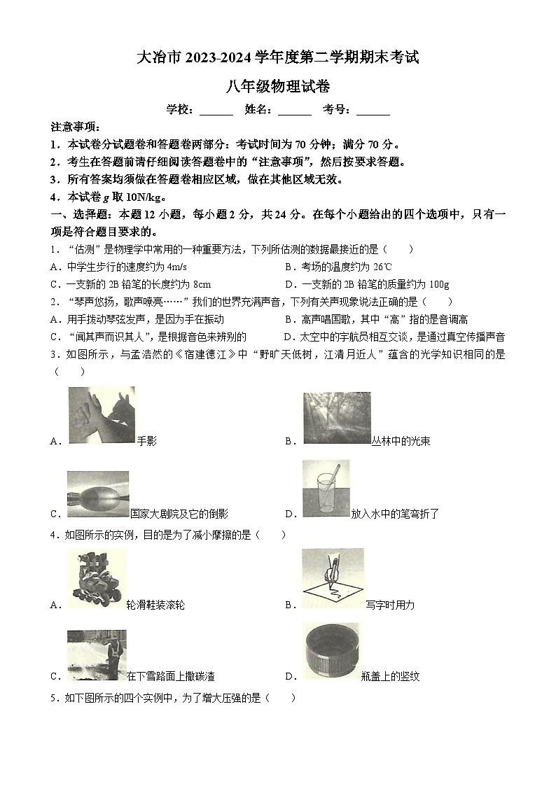 湖北省黄石市大冶市2023-2024学年八年级下学期6月期末物理试题01