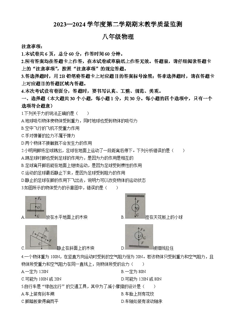 河北省保定市高碑店市2023-2024学年八年级下学期6月期末物理试题01