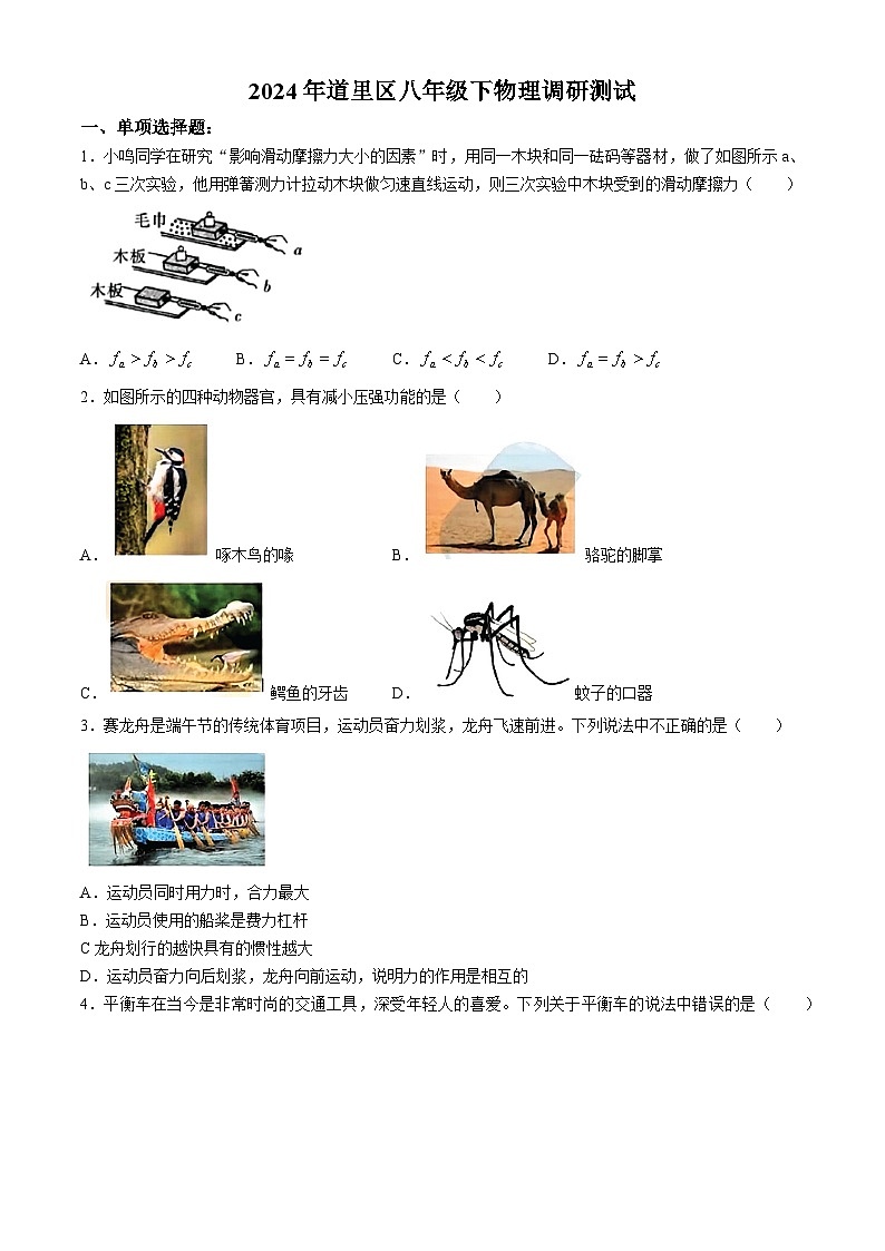 黑龙江省哈尔滨市道里区2023—2024学年八年级下学期期末物理试卷01