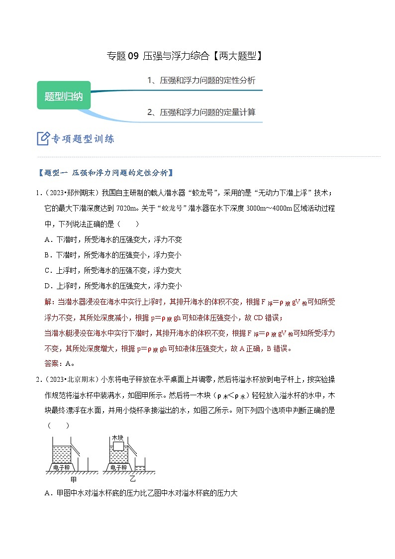 专题09 压强与浮力综合【两大题型】-【好题汇编】备战2023-2024学年八年级物理下学期期末真题分类汇编（人教版）01