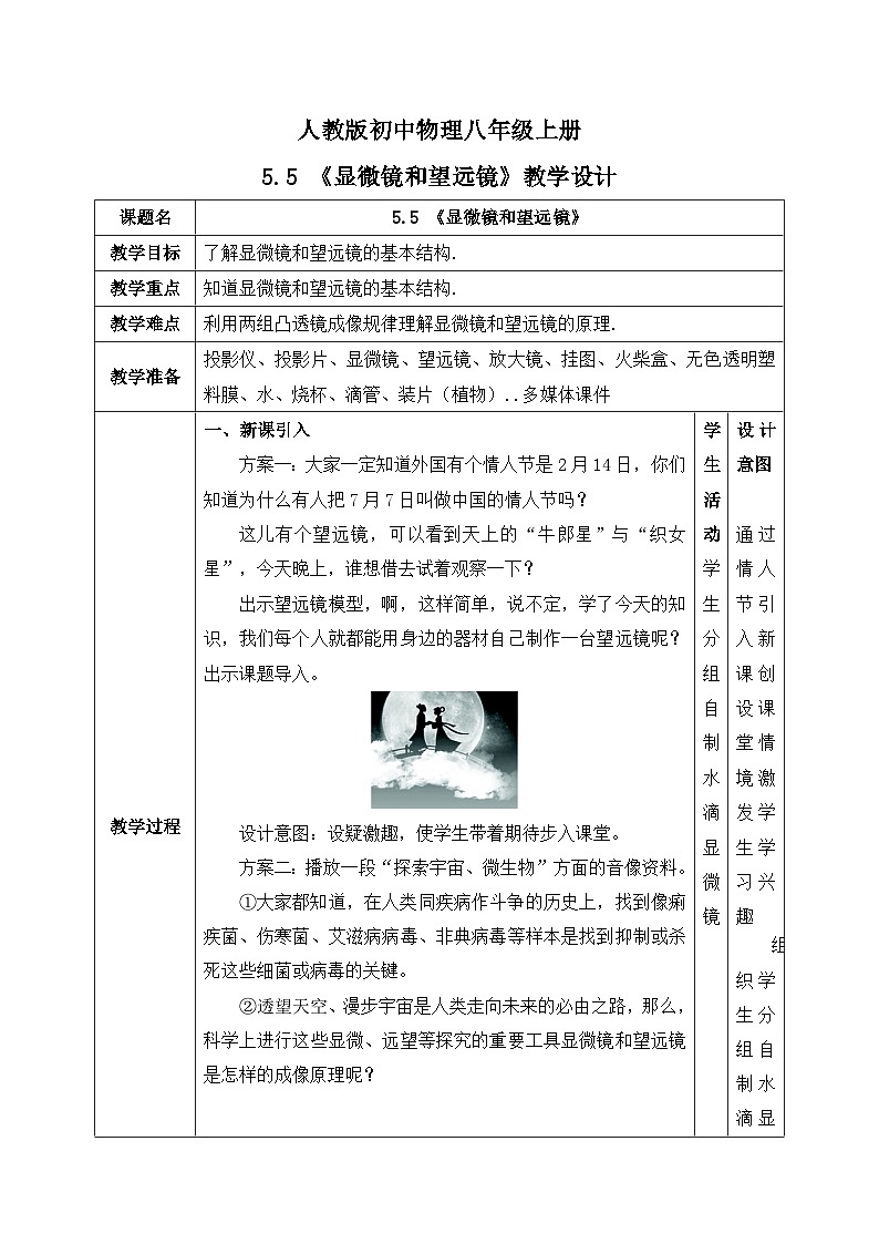 人教版八年级上册第五章5.5《显微镜和望远镜》精品课件+教学设计+同步练习题（含参考答案）01