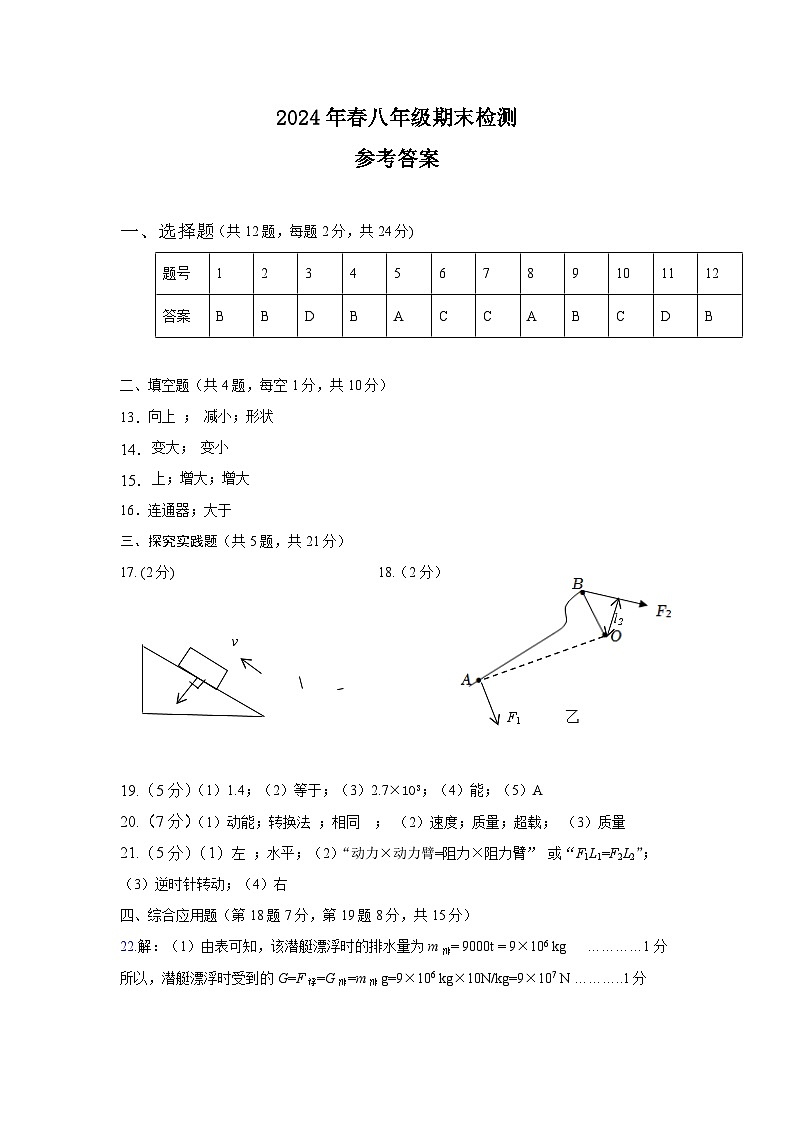 八年级物理--参考答案及评分标准第1页