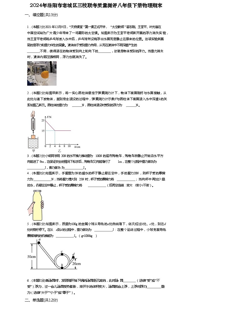 河南省洛阳市老城区洛阳市老城区三校联考质量测评2023-2024学年八年级下学期7月期末物理试题第1页