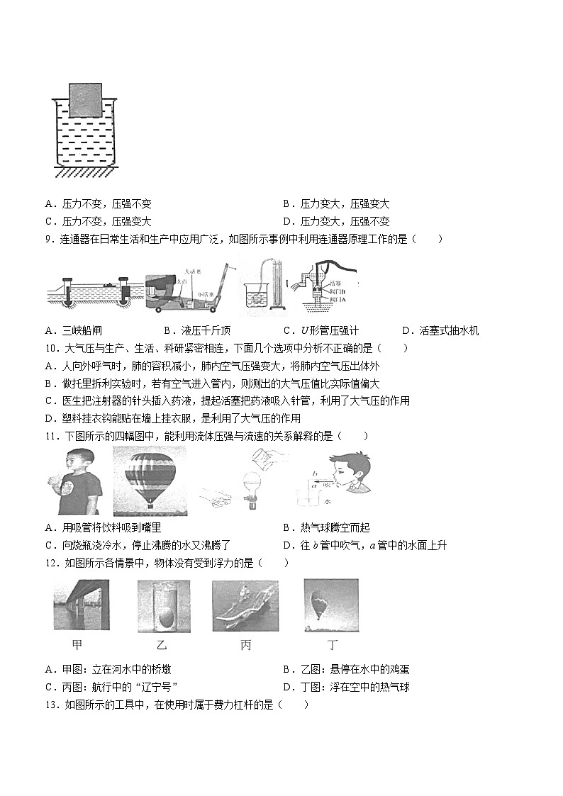 四川省遂宁市蓬溪县2023-2024学年八年级下学期期末物理试题(无答案)第3页