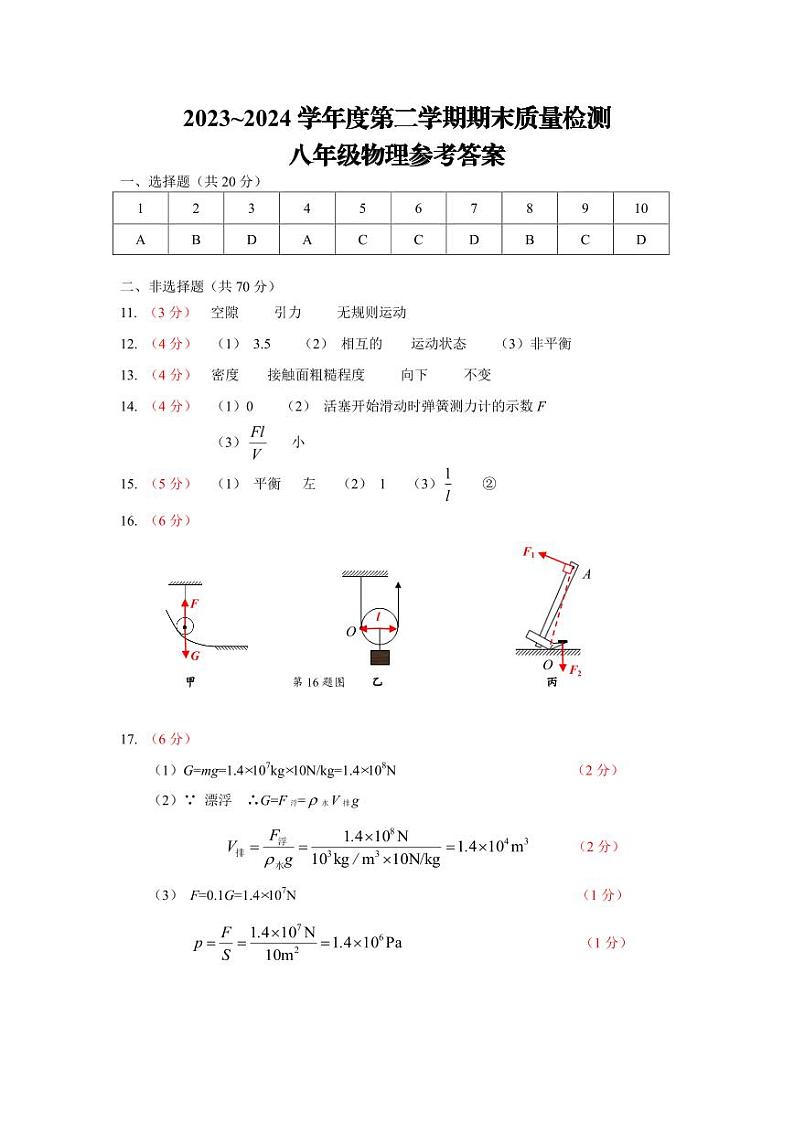 2023~2024学年度第二学期八年级物理期末参考答案(1)第1页