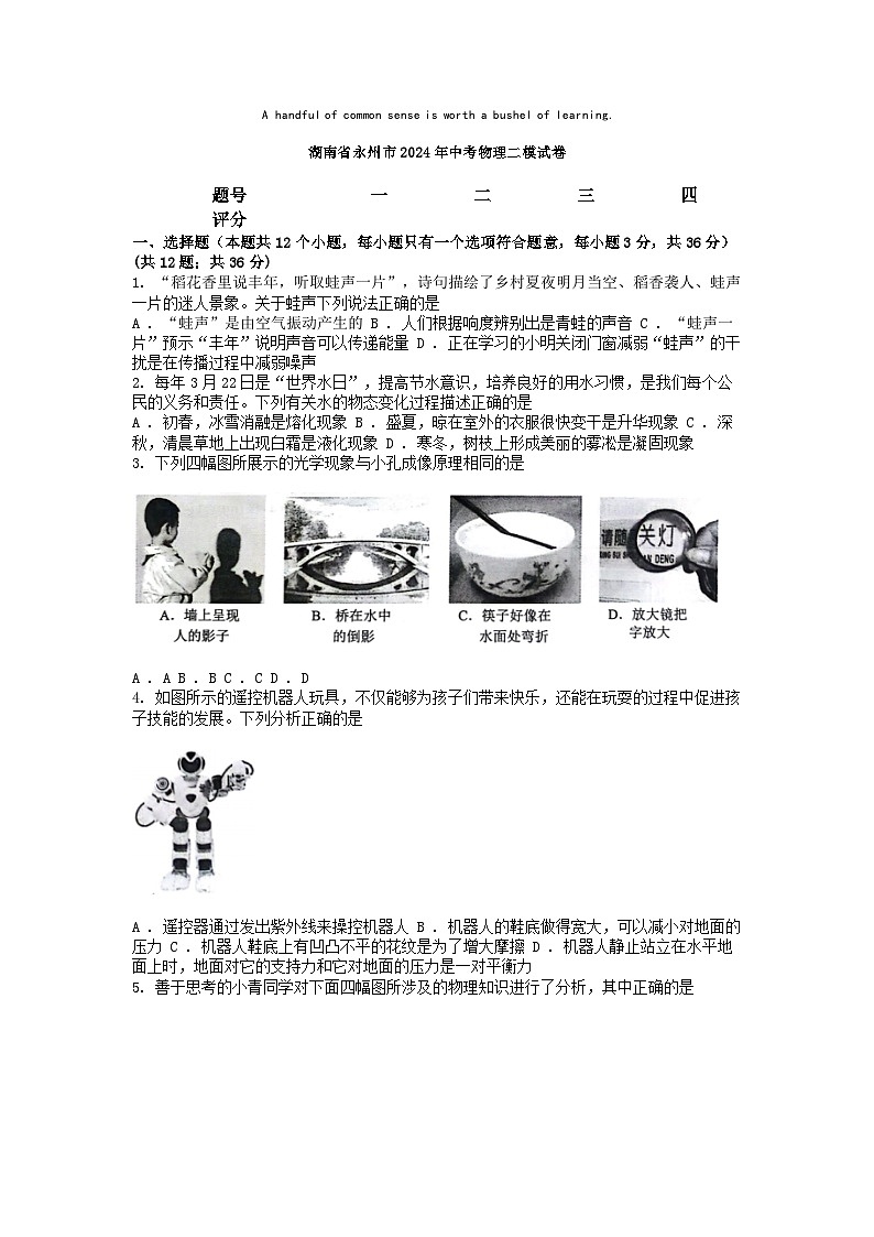 [物理][二模]湖南省永州市2024年中考物理二模试卷第1页