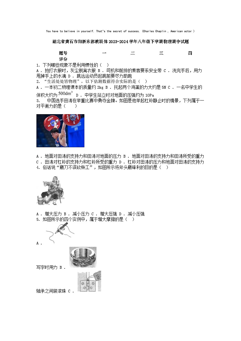 [物理][期中]湖北省黄石市阳新东部教联体2023-2024学年八年级下学期物理期中试题第1页