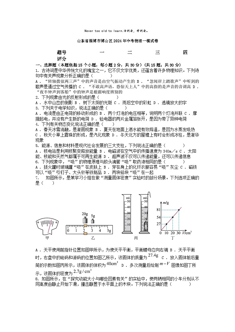 [物理][一模]山东省淄博市博山区2024年中考物理一模试卷01