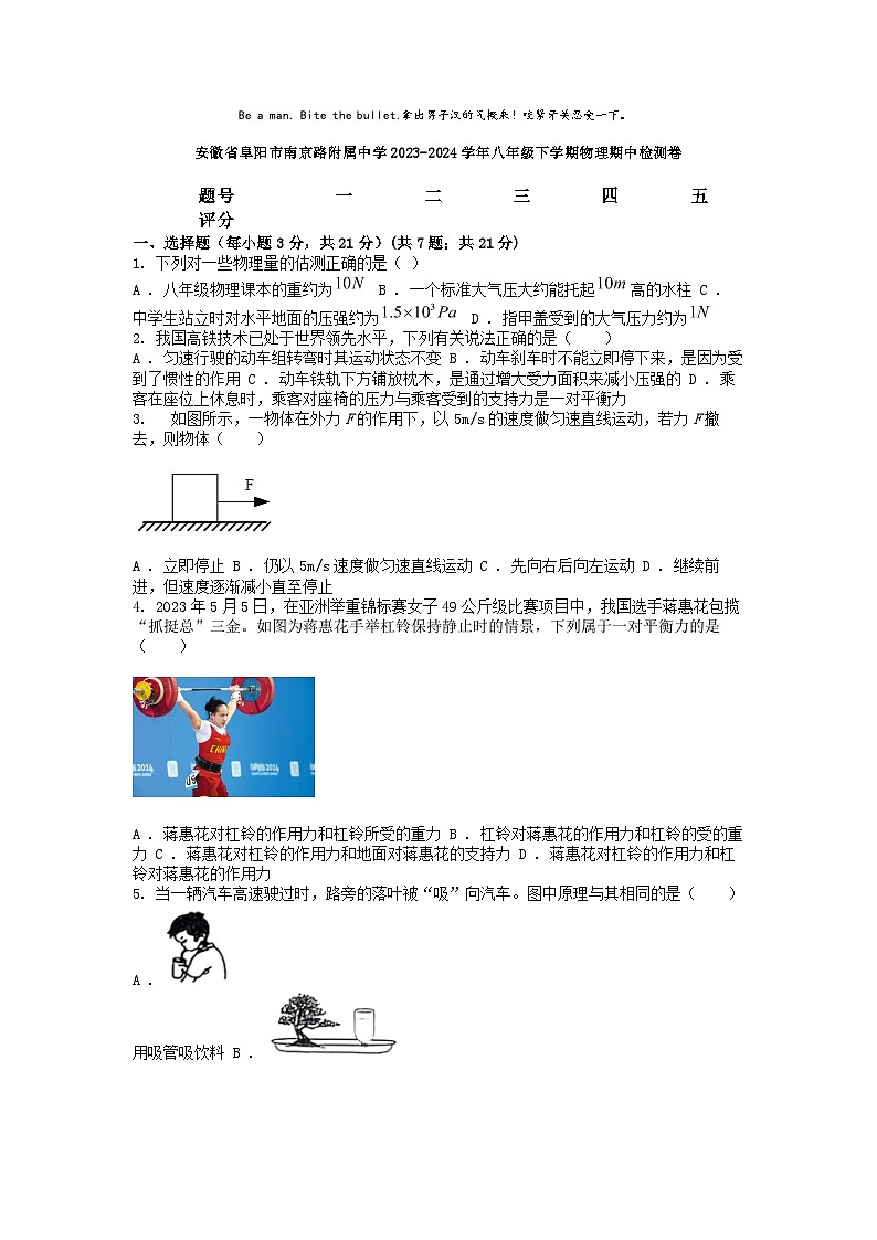 [物理][期中]安徽省阜阳市南京路附属中学2023-2024学年八年级下学期物理期中检测卷第1页