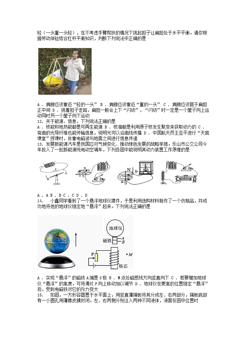 [物理]四川省乐山市犍为县2024年初中物理中考调研考试试题第3页