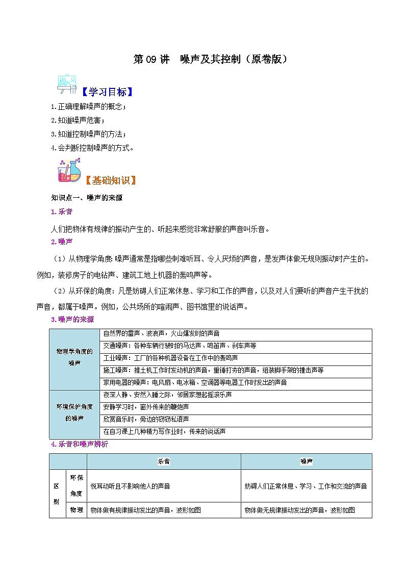【暑假衔接】人教版初中八年级物理暑假自学课 第09讲  噪声及其控制（学生版）第1页