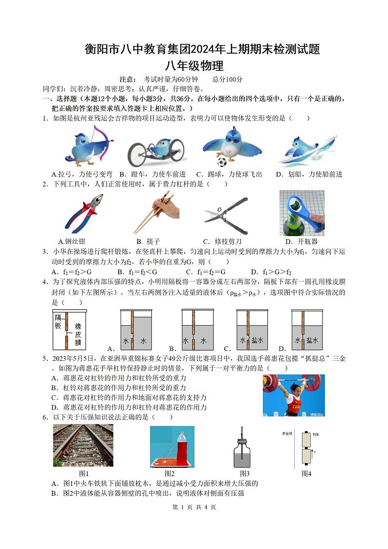 湖南省衡阳市第八中学教育集团2023-2024学年八年级下学期期末考试物理试题第1页