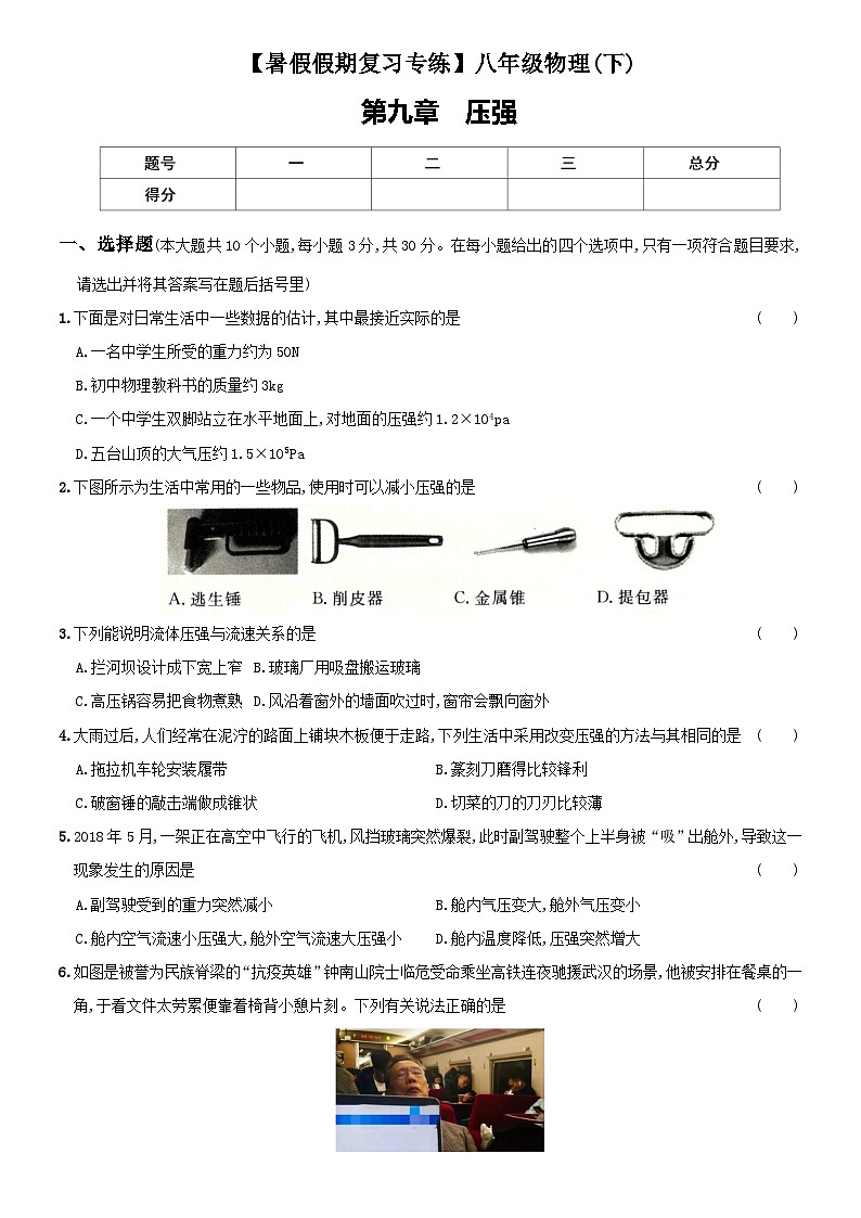 【暑假衔接】人教版初中物理九年级（八升九）专题3 压强-专题训练01