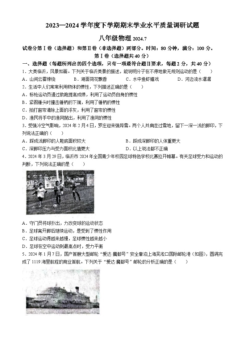 山东省临沂市临沂经济技术开发区2023-2024学年八年级下学期7月期末物理试题01