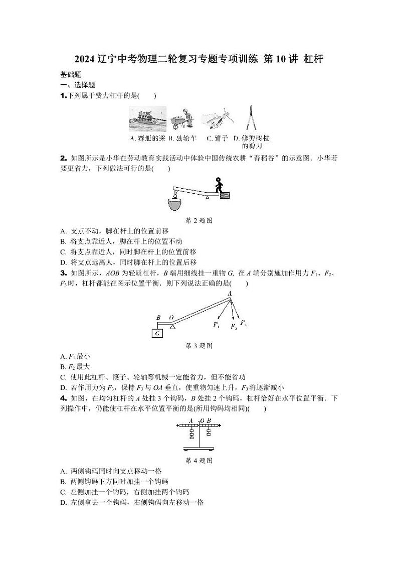 2024辽宁中考物理二轮复习专题专项训练 第10讲 杠杆 (含答案)第1页