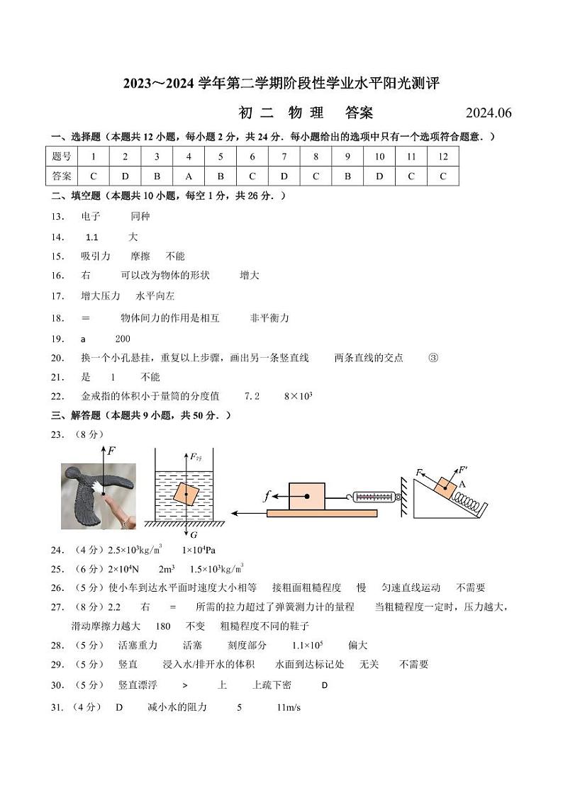 江苏省苏州市昆山、太仓、常熟、张家港市2023-2024学年八年级下学期期末物理试题答案第1页