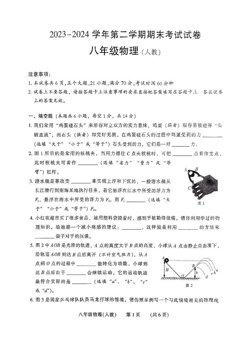 河南省濮阳市2023-2024学年八年级下学期7月期末物理试题第1页