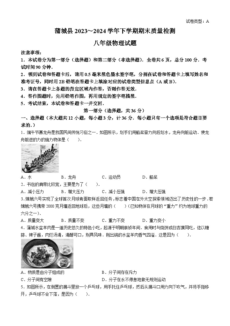 陕西省渭南市蒲城县2023-2024学年八年级下学期7月期末物理试题(无答案)第1页