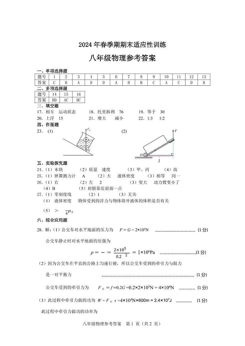2024年春季期期末适应性训练 八年级物理参考答案第1页