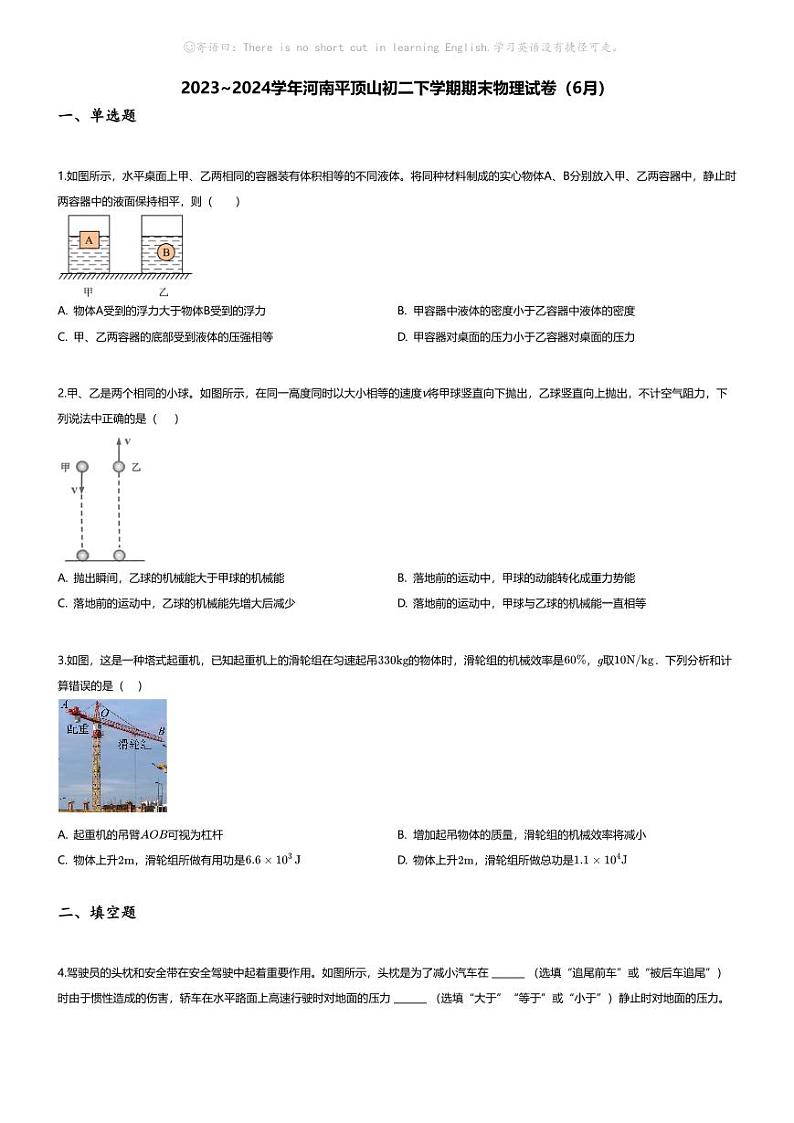 [物理][期末]2023~2024学年河南平顶山初二下学期期末物理试卷(无答案)(6月)第1页