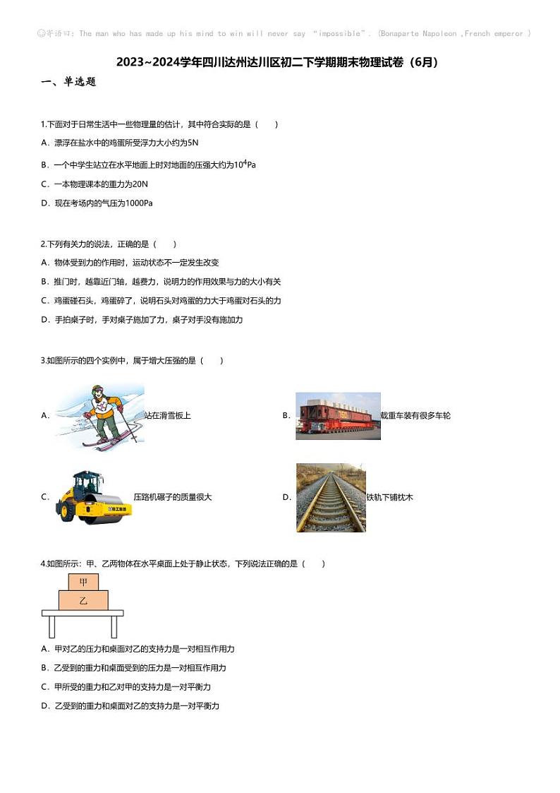 [物理][期末]2023~2024学年四川达州达川区初二下学期期末物理试卷(无答案)(6月)第1页