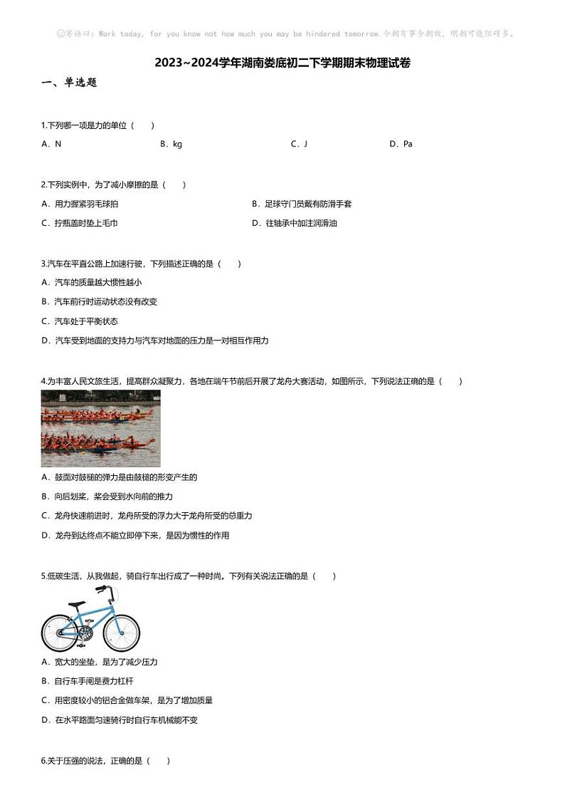 [物理][期末]2023~2024学年湖南娄底初二下学期期末物理试卷(无答案)第1页