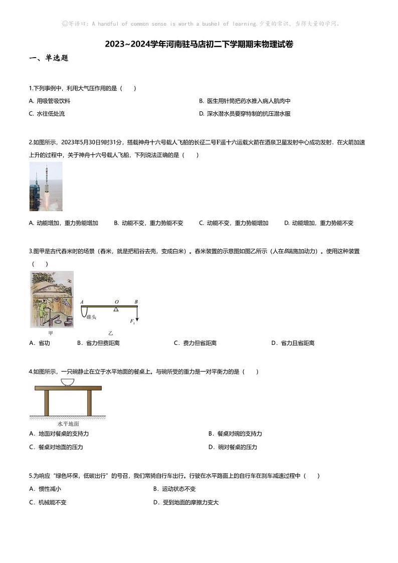 [物理][期末]2023~2024学年河南驻马店初二下学期期末物理试卷(无答案)第1页