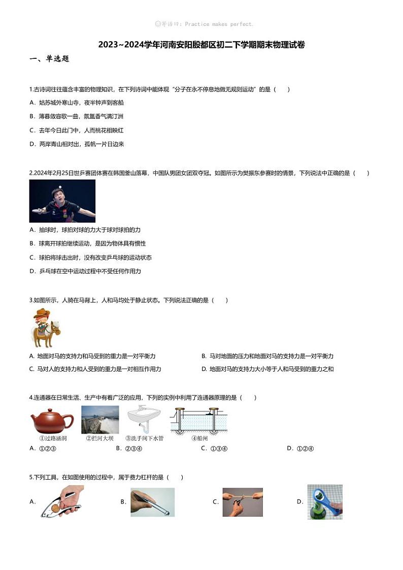 [物理][期末]2023~2024学年河南安阳殷都区初二下学期期末物理试卷(无答案)第1页
