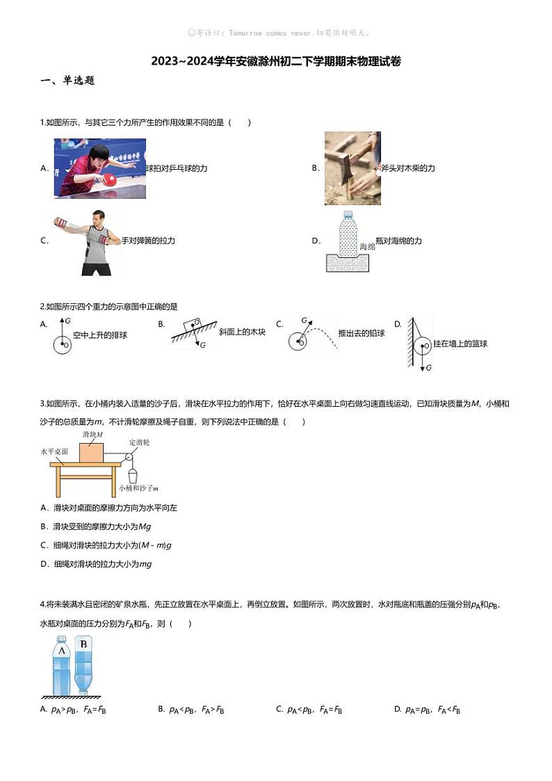[物理][期末]2023~2024学年安徽滁州初二下学期期末物理试卷(无答案)01