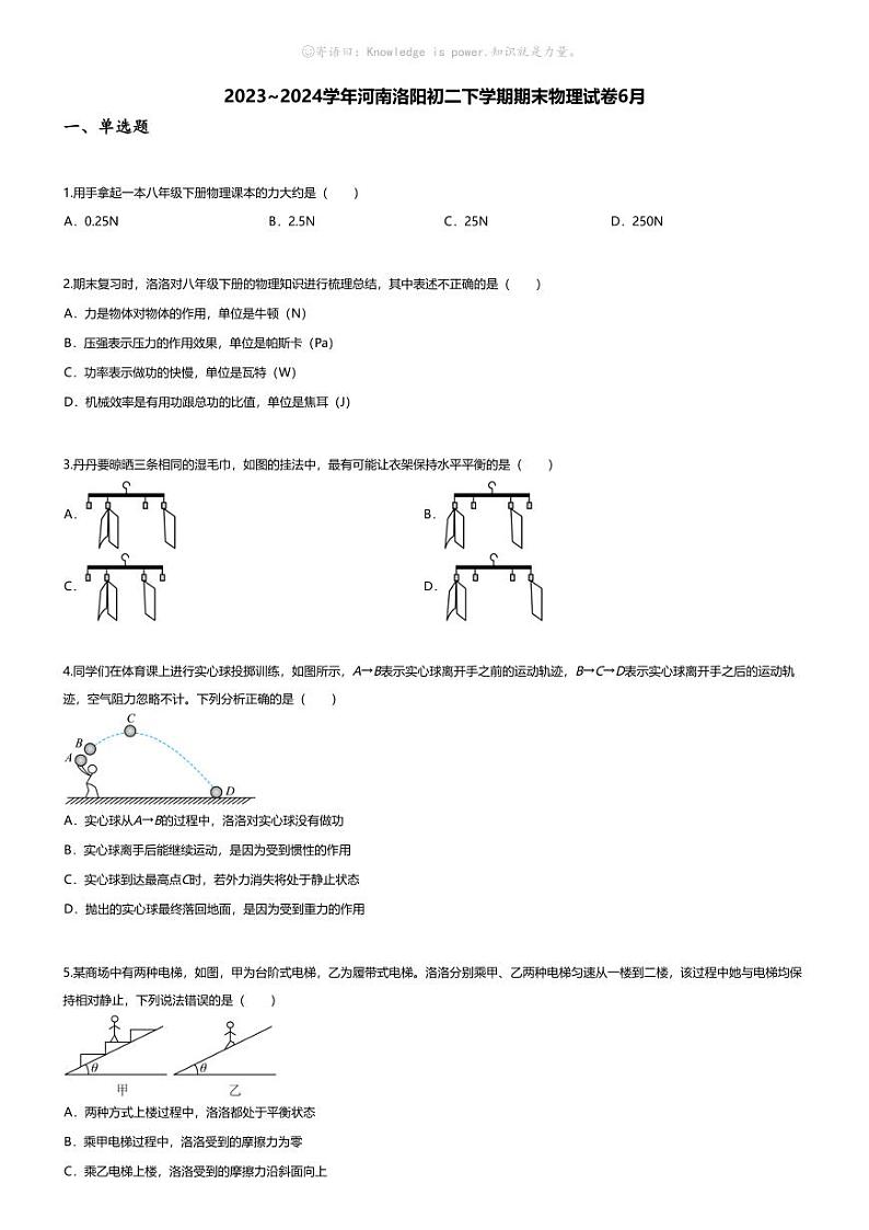 [物理][期末]2023~2024学年河南洛阳初二下学期期末物理试卷(无答案)6月第1页