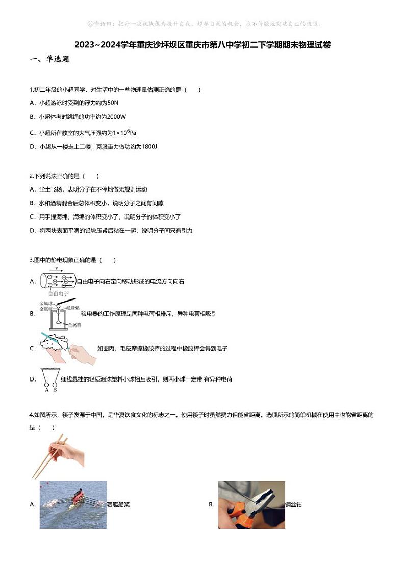 [物理][期末]2023~2024学年重庆沙坪坝区重庆市第八中学初二下学期期末物理试卷(无答案)01