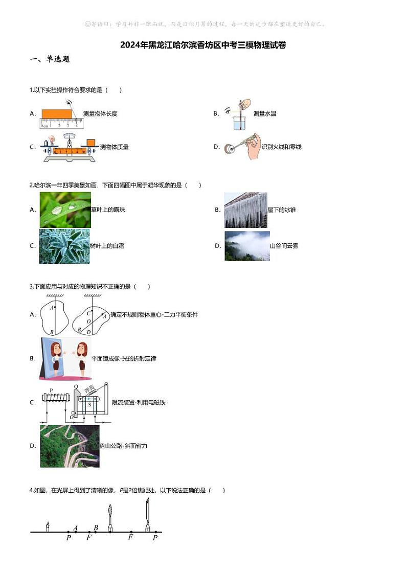 [物理][三模]2024年黑龙江哈尔滨香坊区中考三模物理试卷(无答案)01