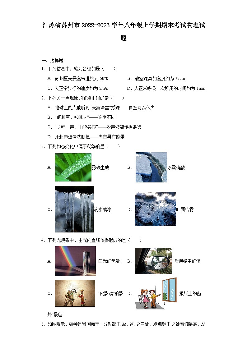 江苏省苏州市2022-2023学年八年级上学期期末考试物理试题（答案）01