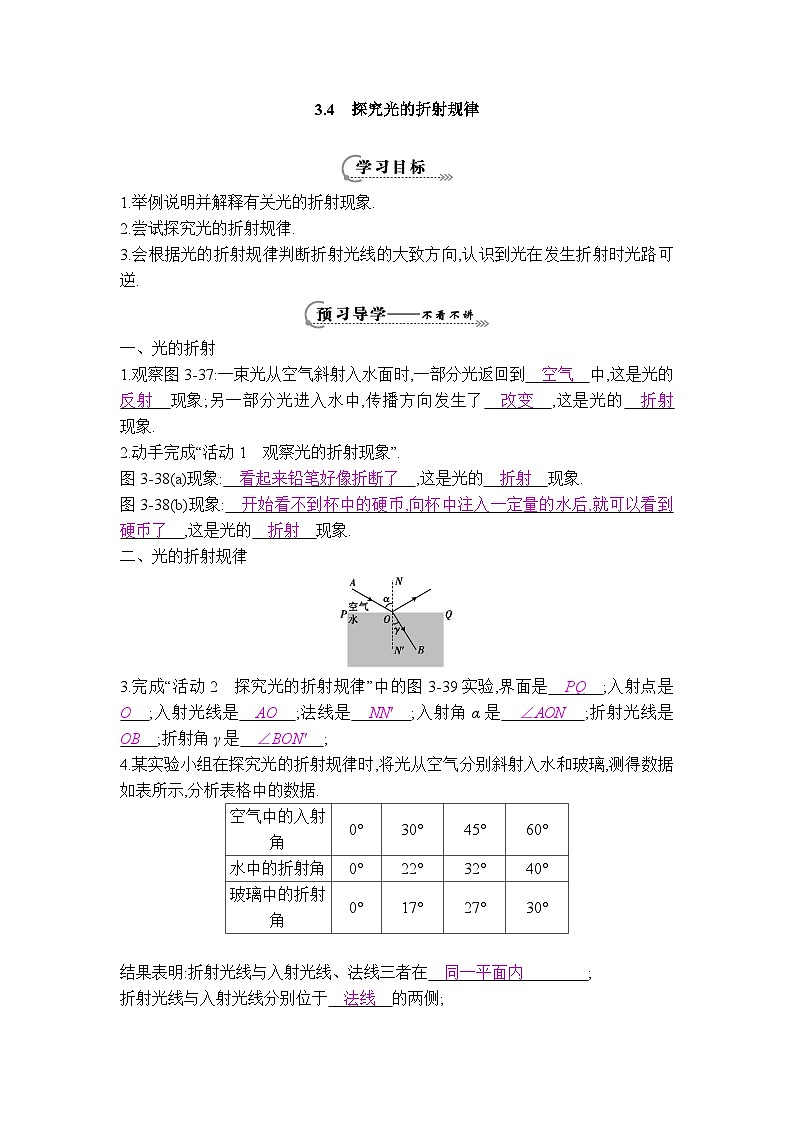 粤沪版物理八年级上册 3.4 探究光的折射规律4教案01