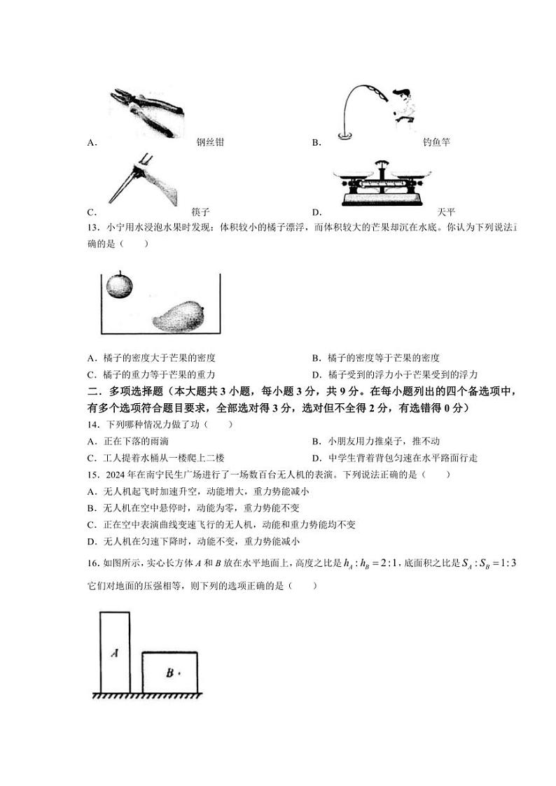 [物理][期末]广西壮族自治区南宁市青秀区南宁市天桃实验学校2023～2024学年八年级下学期7月期末物理试题(无答案)第3页
