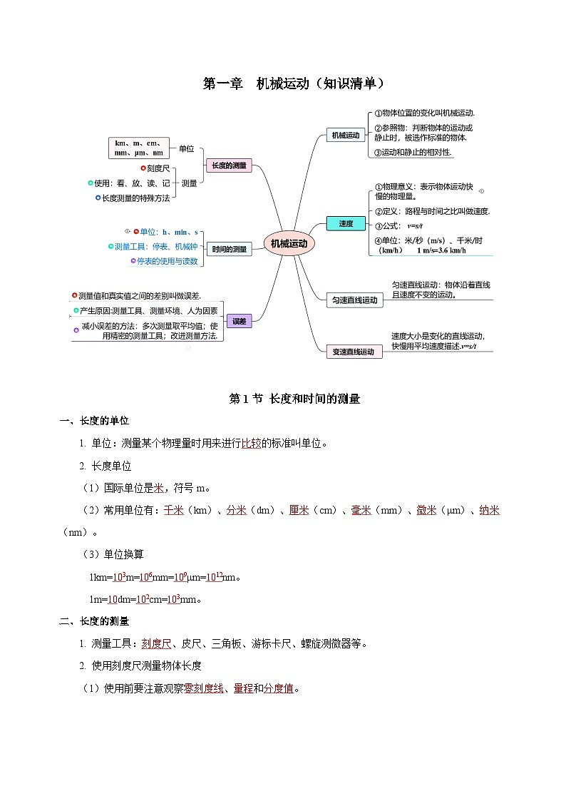 【核心素养】人教版八年级上册 第1章 《机械运动》知识清单（学生版） （教师版）01