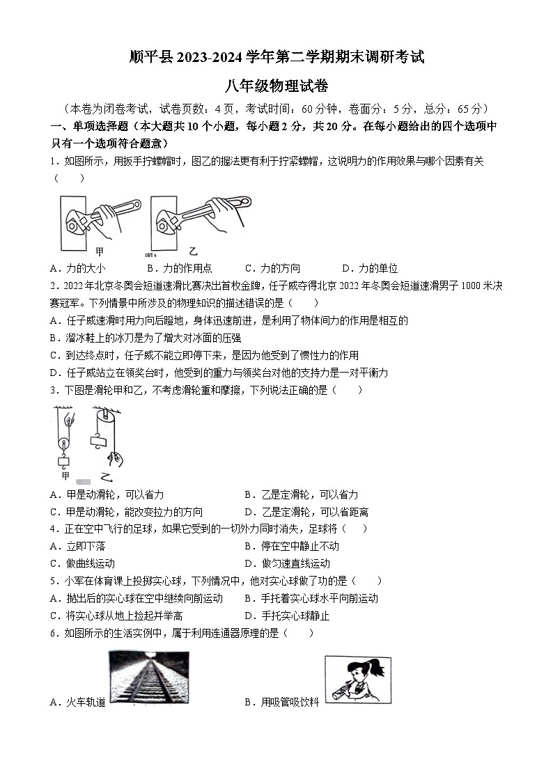 河北省保定市顺平县2023-2024学年八年级下学期期末物理试题01
