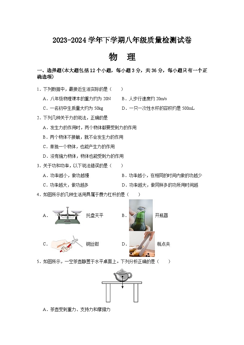 湖南省益阳市大通湖管理区两校联考2023-2024学年八年级下学期7月期末物理试题01