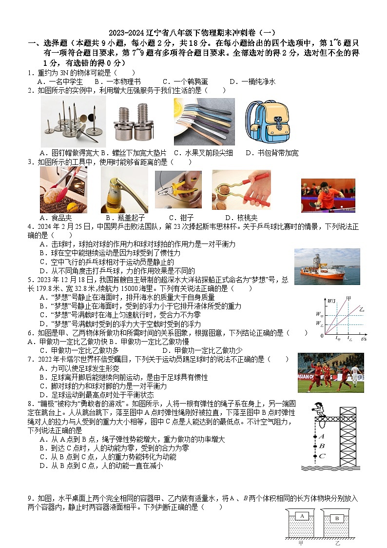 辽宁省2023-2024八年级下学期物理期末冲刺卷（一）01