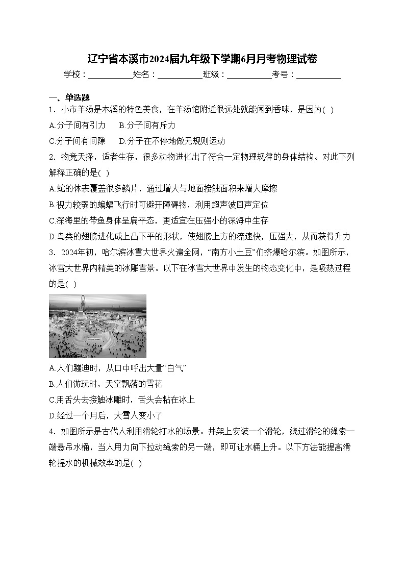 辽宁省本溪市2024届九年级下学期6月月考物理试卷(含答案)第1页