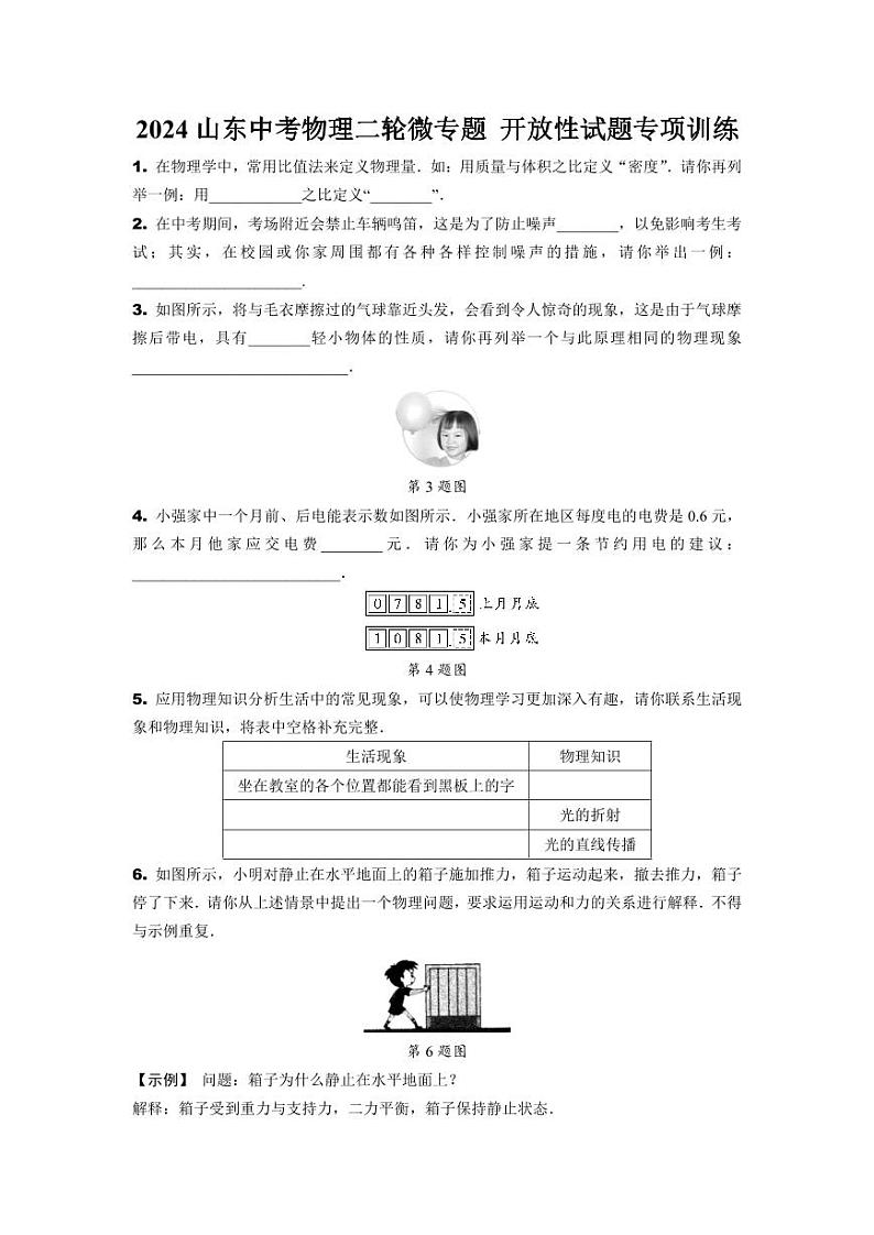 2024山东中考物理二轮微专题 开放性试题专项训练  (含答案)第1页
