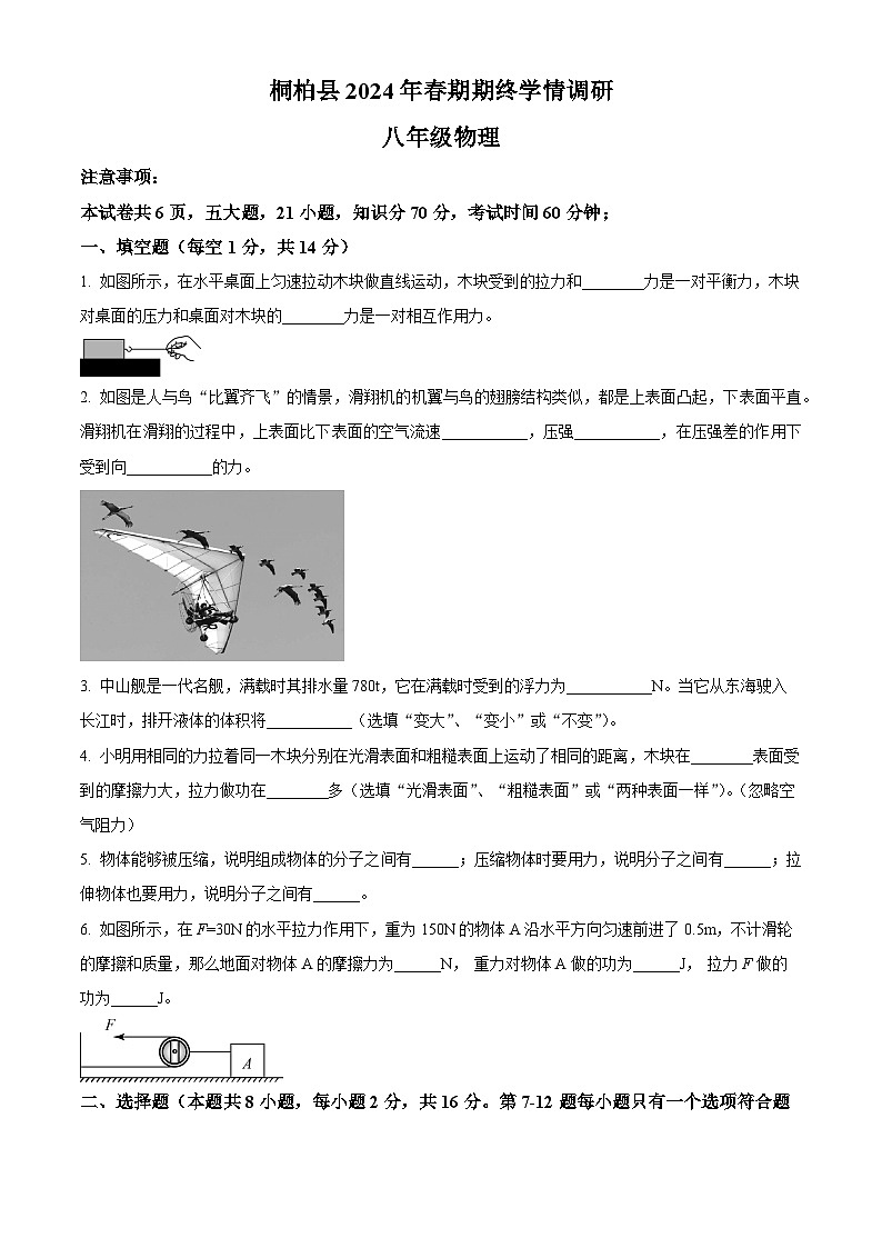 河南省南阳市桐柏县2023-2024学年八年级下学期6月期末物理试题（原卷版）第1页