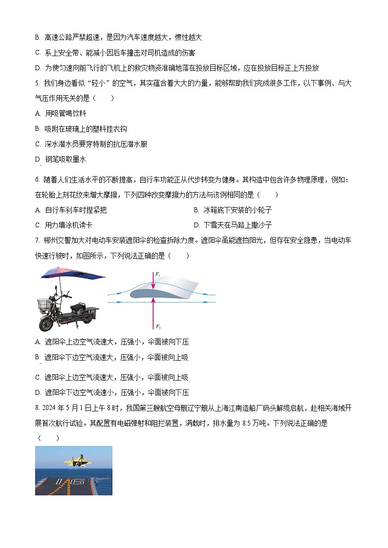 湖南省郴州市2023-2024学年八年级下学期期末考试物理试题 （原卷版+解析版）02