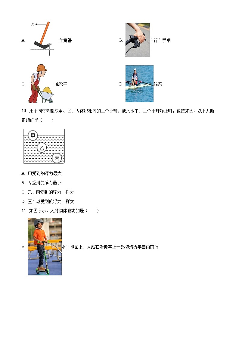 湖南省永州市新田县2023-2024学年八年级下学期期末考试物理试题（原卷版）第3页