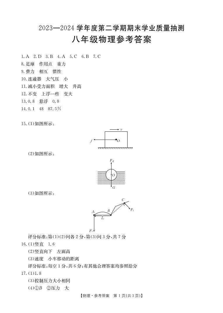2023-2024学年第二学期期末八年级物理答案第1页